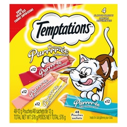 Gâteries pour chats adultes TEMPTATIONS Purrrr∙ée crémeuse avec foie de bœuf, avec saumon, avec poulet et avec thon, boîte de 576 g contenant 48 sachets de 12 g image