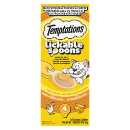Gâteries pour chats TEMPTATIONS LICKABLE SPOONS saveur de poulet savoureux et de fromage délicieux, 4 cuillères de 10 g, boîte de 40 g image