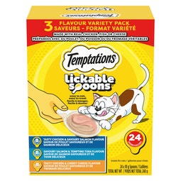 TEMPTATIONS LICKABLE SPOONS Cat Treats Tasty Chicken & Savoury Salmon Flavour, Savoury Salmon & Tempting Tuna Flavour, Tasty Chicken & Cheesy Cheese Flavour, 24 spoons x 10g,  240g Carton image