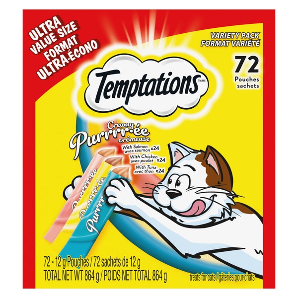 Temptations Creamy Puree Adult Lickable Cat Treats Variety Pack, Chicken, Salmon, and Tuna Flavours, 72 pouches, 864g image 1