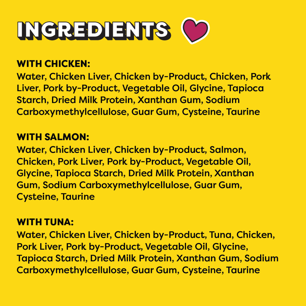 Temptations Creamy Puree Adult Lickable Cat Treats Variety Pack, Chicken, Salmon, and Tuna Flavours ingredients image