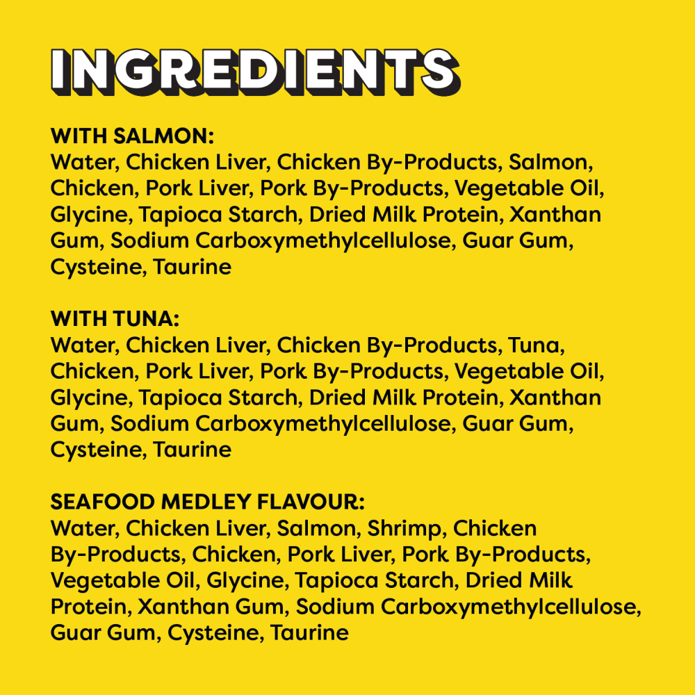 Temptations Creamy Puree Adult Lickable Cat Treats, Seafood Variety Pack, Seafood Medley, Salmon, and Tuna Flavours ingredients image