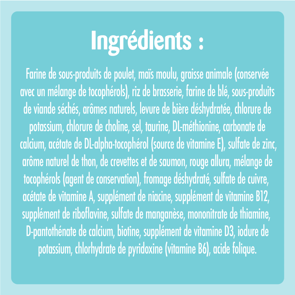 Gâteries pour chats TEMPTATIONS(MC) Mélimélo arômes de thon, de saumon et de crevettes ingredients image