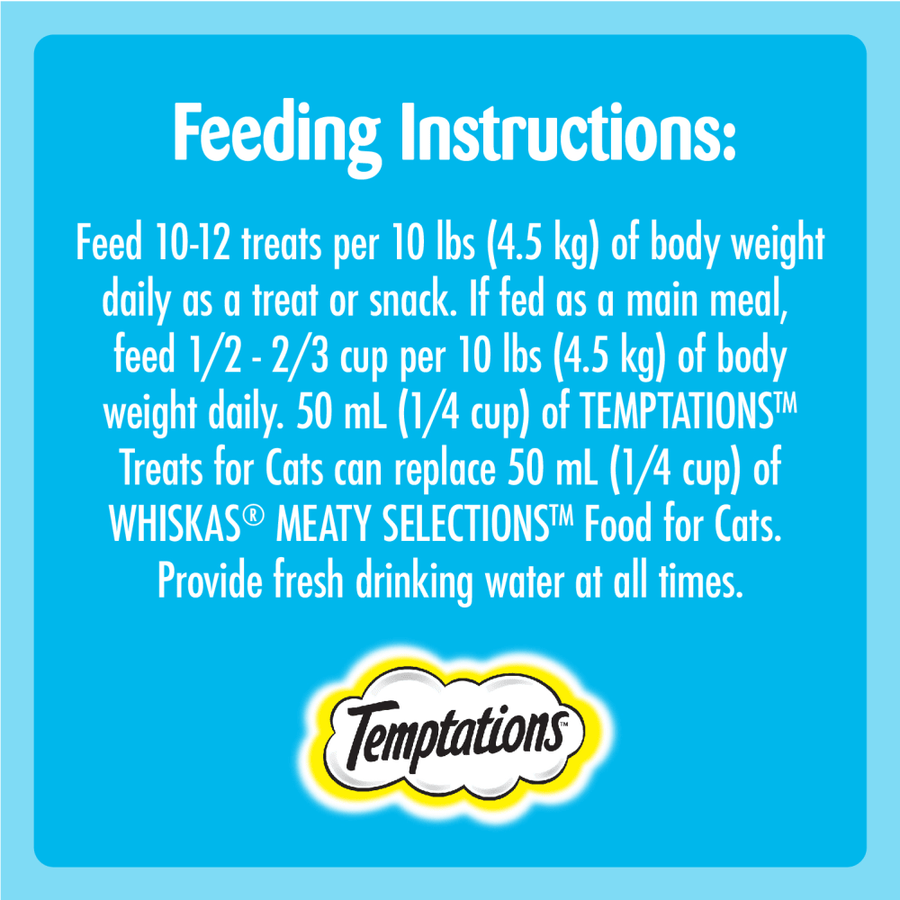 TEMPTATIONS™ Cat Treats, Savoury Salmon Flavour, 85g feeding guidelines image