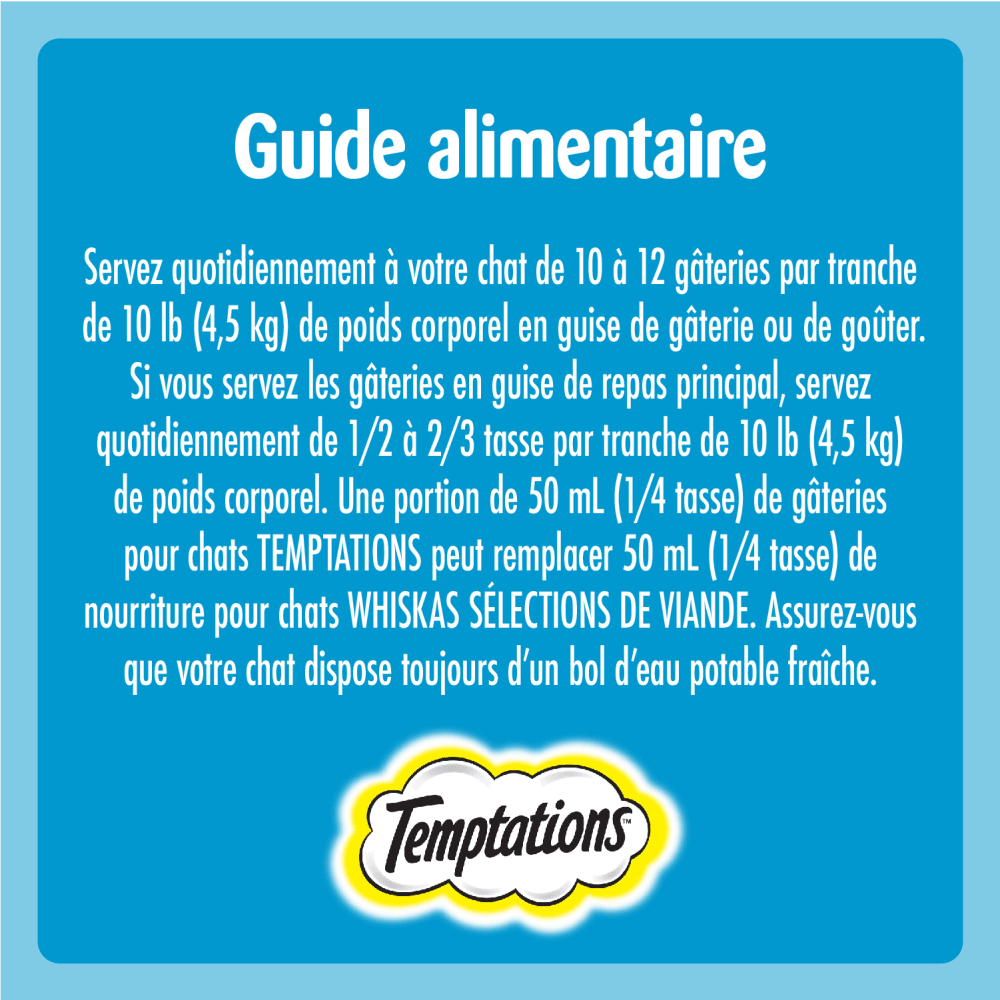 Gâteries pour chats TEMPTATIONS(MC) Saveur de saumon savoureux, 180g feeding guidelines image