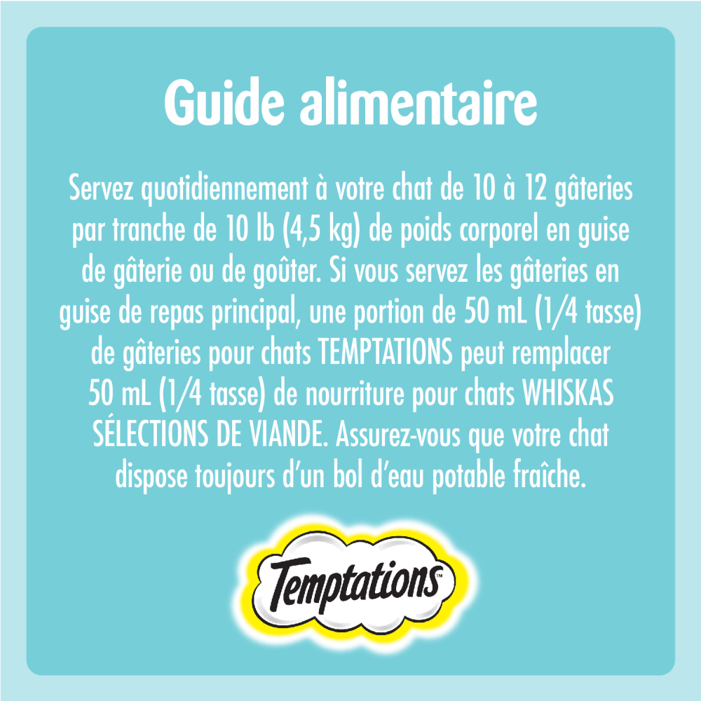 Gâteries pour chats TEMPTATIONS(MC) Mélimélo arômes de thon, de saumon et de crevettes feeding guidelines image
