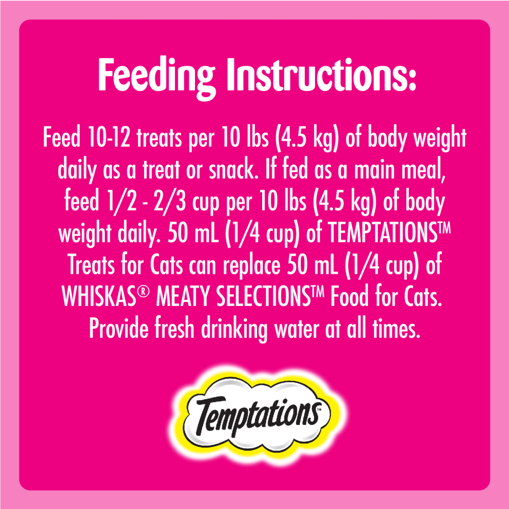 TEMPTATIONS™ Cat Treats, Hearty Beef Flavour, 85g feeding guidelines image