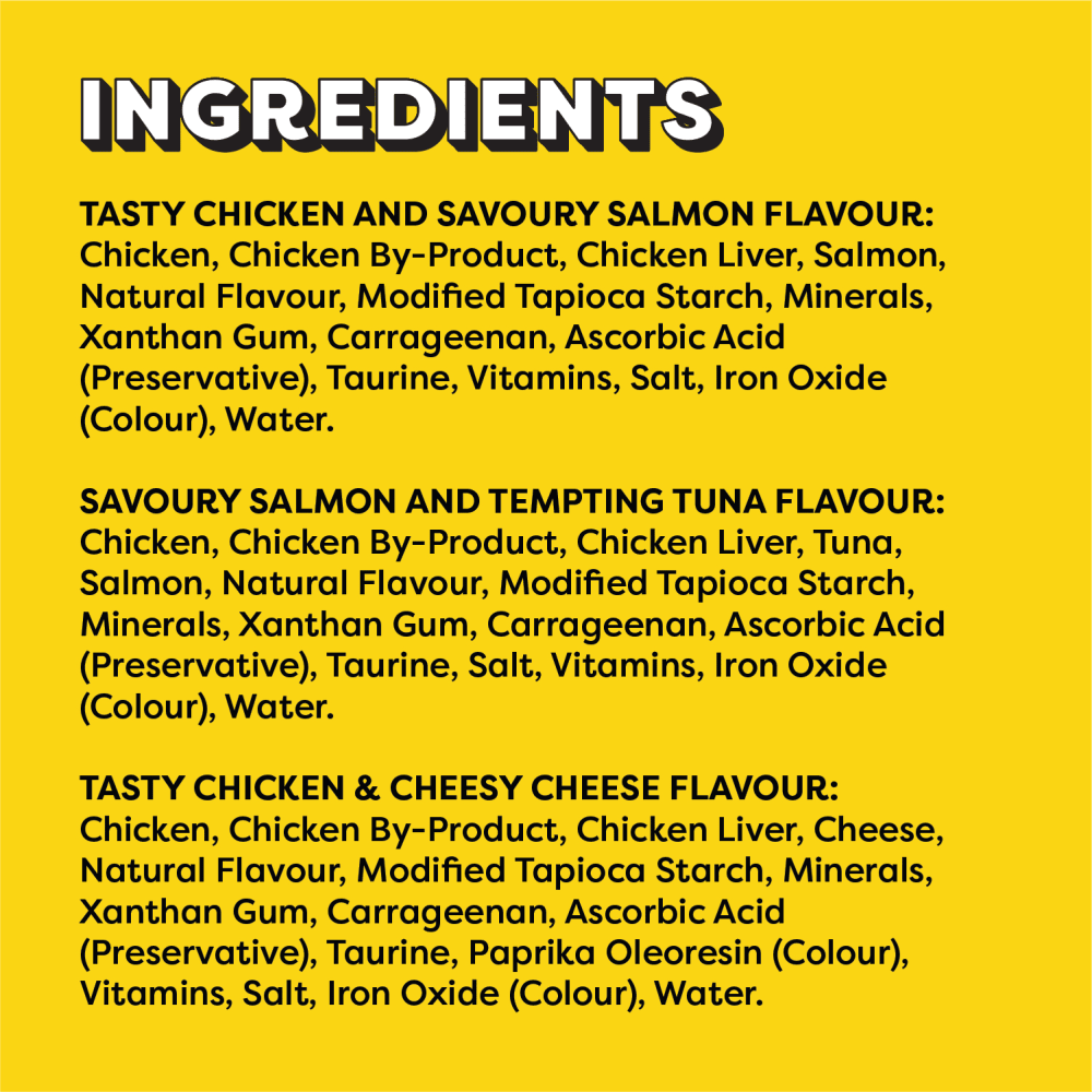 TEMPTATIONS LICKABLE SPOONS Cat Treats Tasty Chicken & Savoury Salmon Flavour, Savoury Salmon & Tempting Tuna Flavour, Tasty Chicken & Cheesy Cheese Flavour Variety Pack ingredients image
