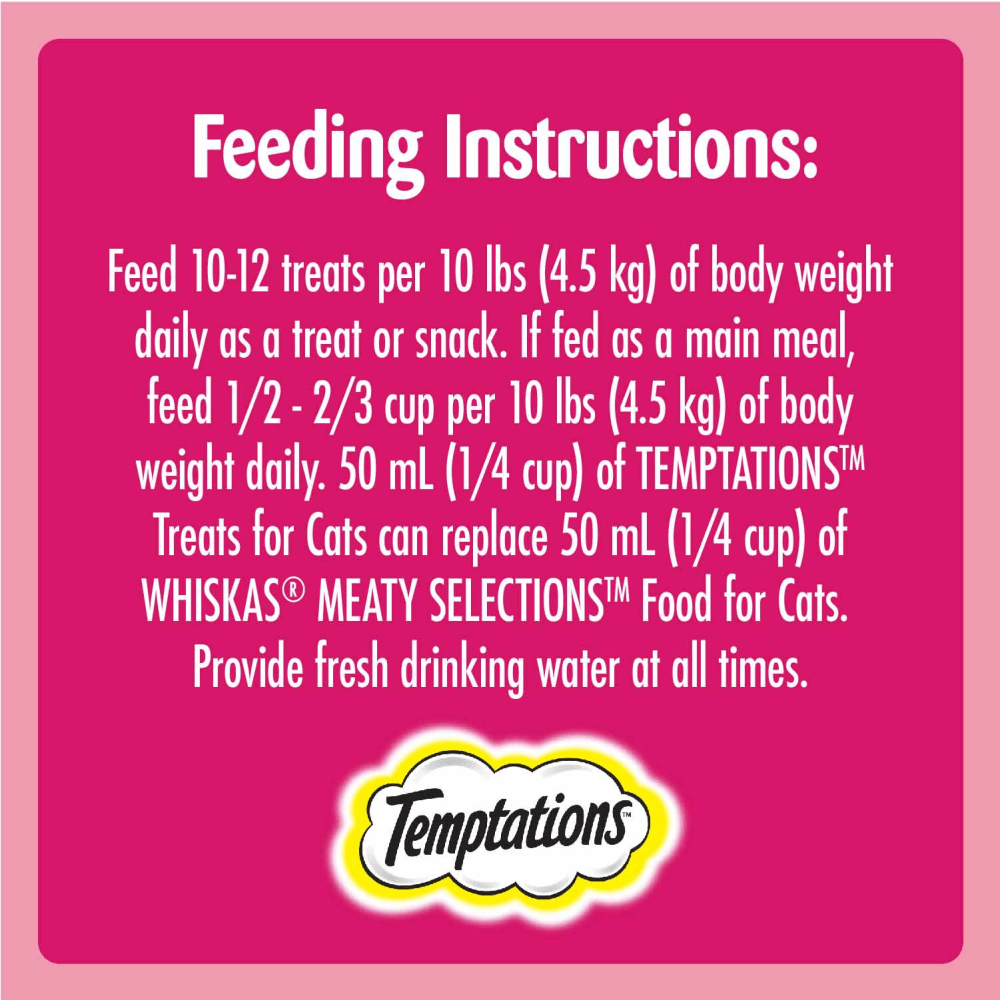 TEMPTATIONS™ Cat Treats, Hearty Beef Flavour, 350g feeding guidelines image