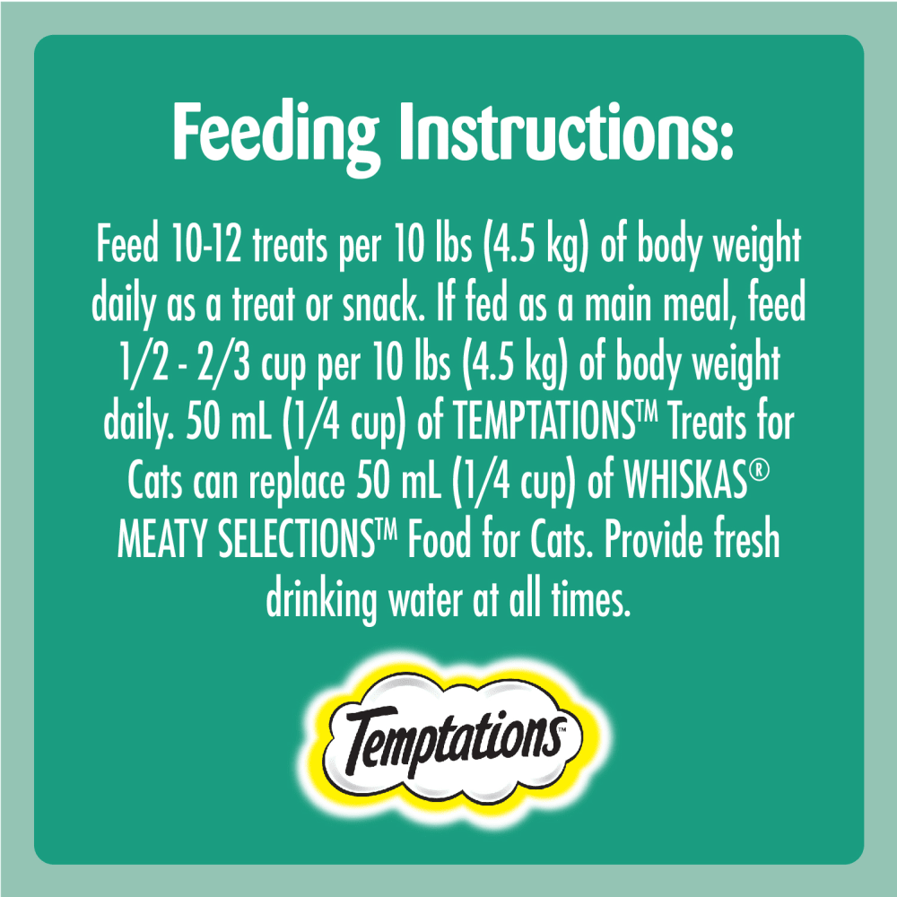 TEMPTATIONS™ Cat Treats, Seafood Medley Flavour, 350g feeding guidelines image