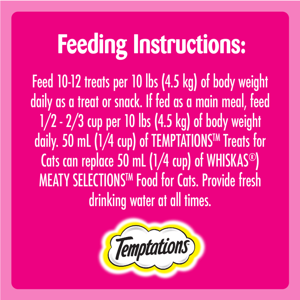 TEMPTATIONS™ Cat Treats, Hearty Beef Flavour, 180g feeding guidelines image