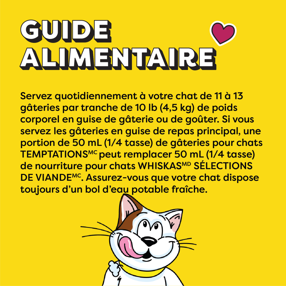 Gâteries pour chats TEMPTATIONS(MC) Mélimélo arômes de poulet, d’herbe à chat et de fromage 850 g feeding guidelines image