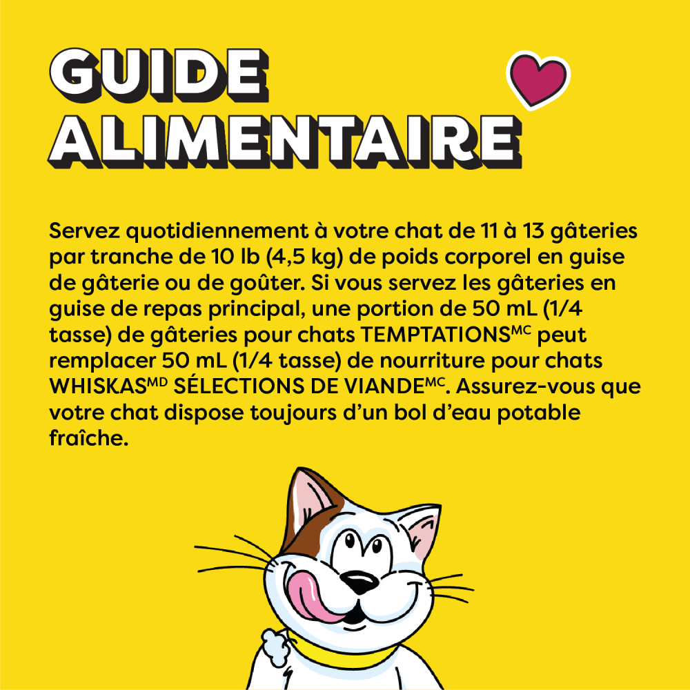 Gâteries pour chats TEMPTATIONS(MC) Mélimélo arômes de poulet, d’herbe à chat et de cheddar feeding guidelines image
