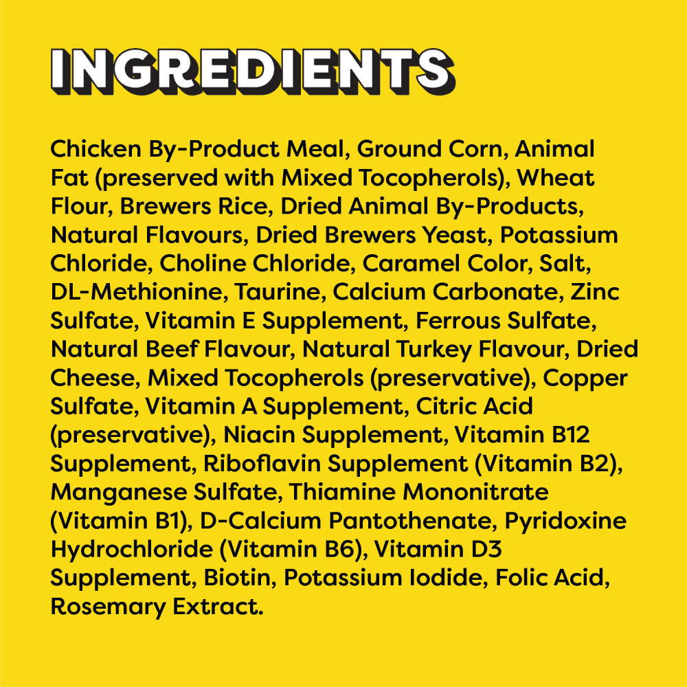 TEMPTATIONS Mix-Ups Cat Treats, (Chicken, Turkey & Beef Flavour), 454g Tub ingredients image