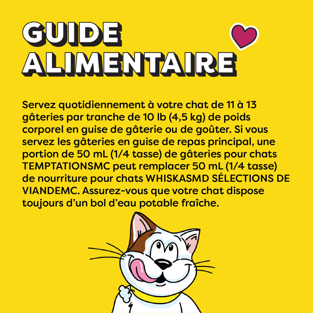 Gâteries pour chats TEMPTATIONS(MC) Mélimélo arômes de thon, de saumon et de crevettes feeding guidelines image